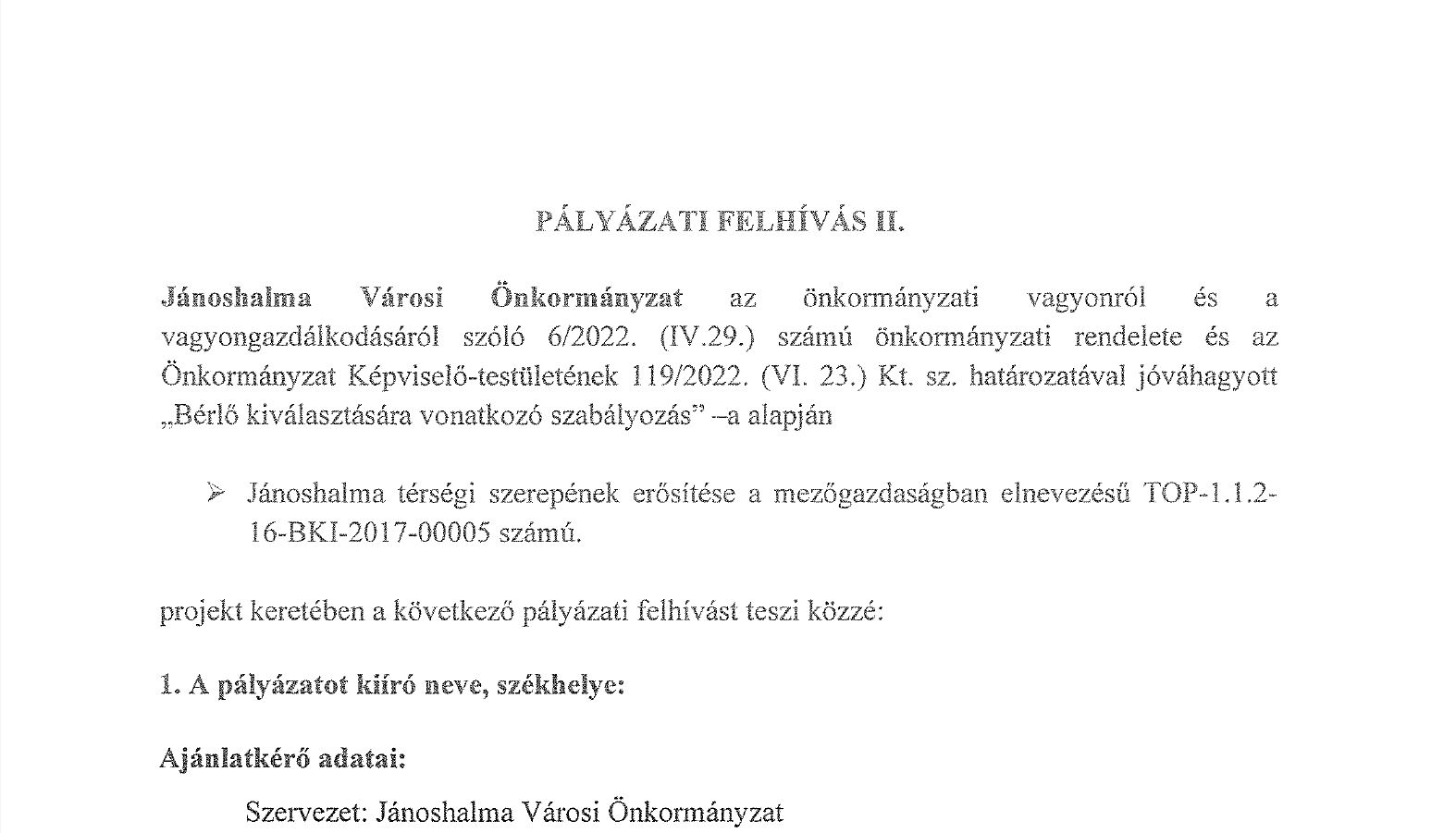 Pályázati felhívás II. - 14,38m2-es raktár bérbeadása